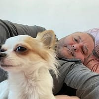 Torbe pornstar lying in bed of pink sheets with a dog in front of him. He is wearing a grey jacket.
